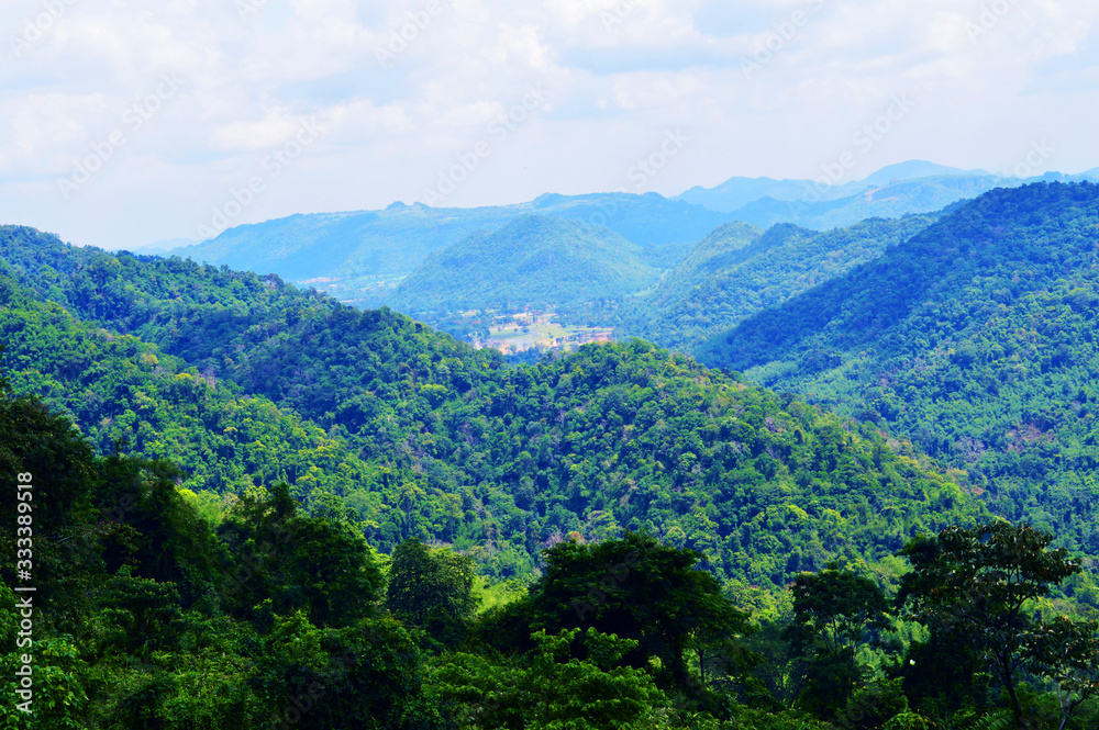 Mountains and trees under cloudy sky