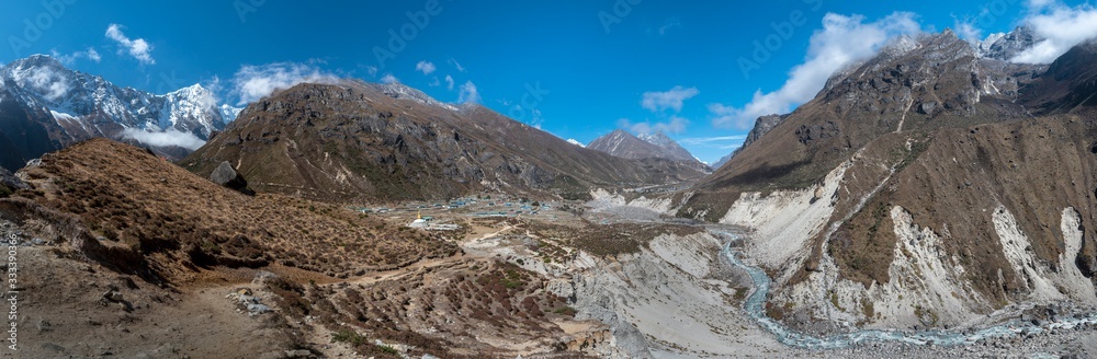 Panoramic view of Mount Everest, Lhotse, Ccho Oyu and Makalu from Gokyo Ri - Khumbu valley, sagarmatha national park - Nepalese Himalayas