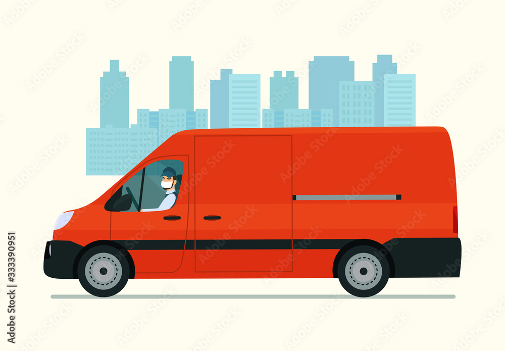 Cargo van with a driver in a medical mask against the background of an abstract cityscape. Vector flat style illustration.