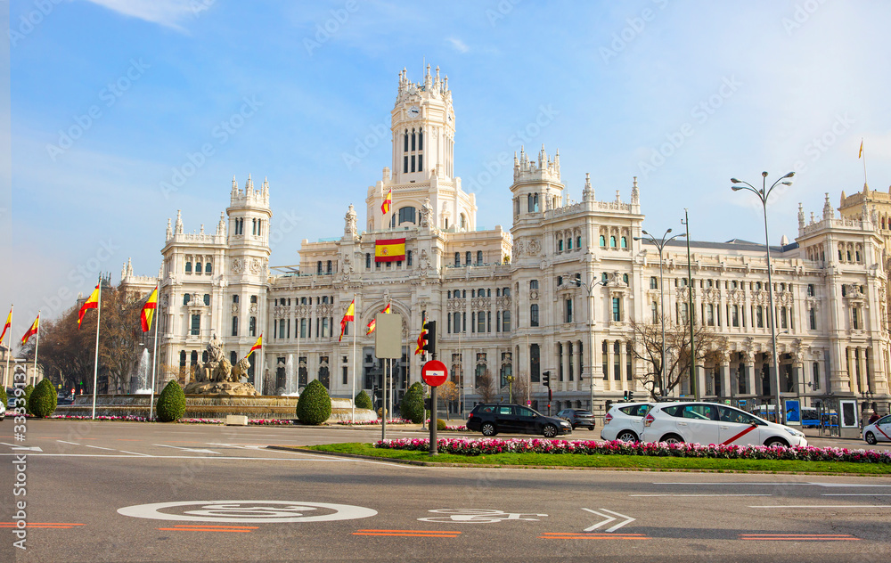 Madrid, Spain, Cibeles Palace.  The Cibeles Palace is an architectural masterpiece of Madrid. On the most beautiful square in Madrid – Plaza de Cibeles-stands a snow-white Palace. It was built in 1918