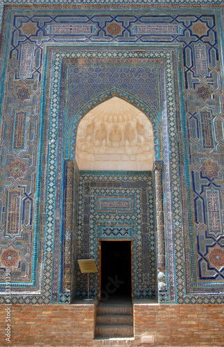 Mausoleum (tomb) by architect Alim Nesefi, Shah-i-Zinda Ensemble (medieval memorial cemetery). Samarkand, Uzbekistan. photo