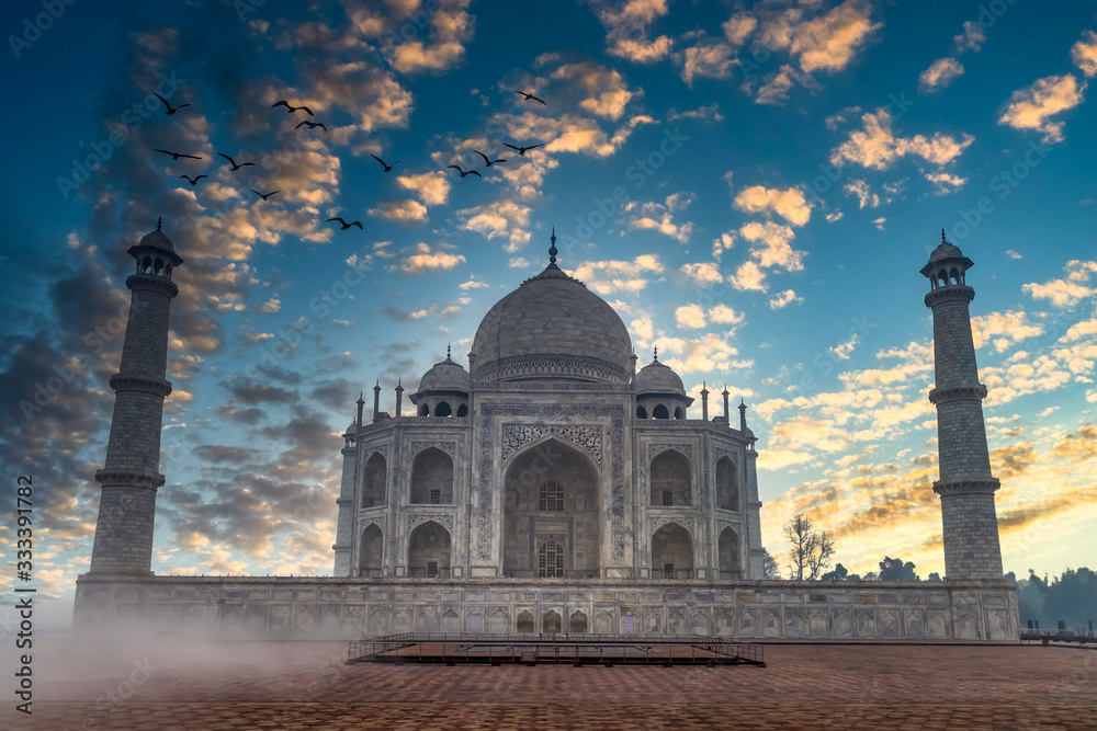 Taj Mahal is an ivory white marble mausoleum on Yamuna river in the