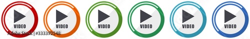 Video icon set, flat design vector illustration in 6 colors options for webdesign and mobile applications