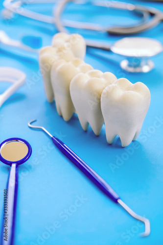 Dental model and dental equipment on blue background, concept image of dental background. dental hygiene background