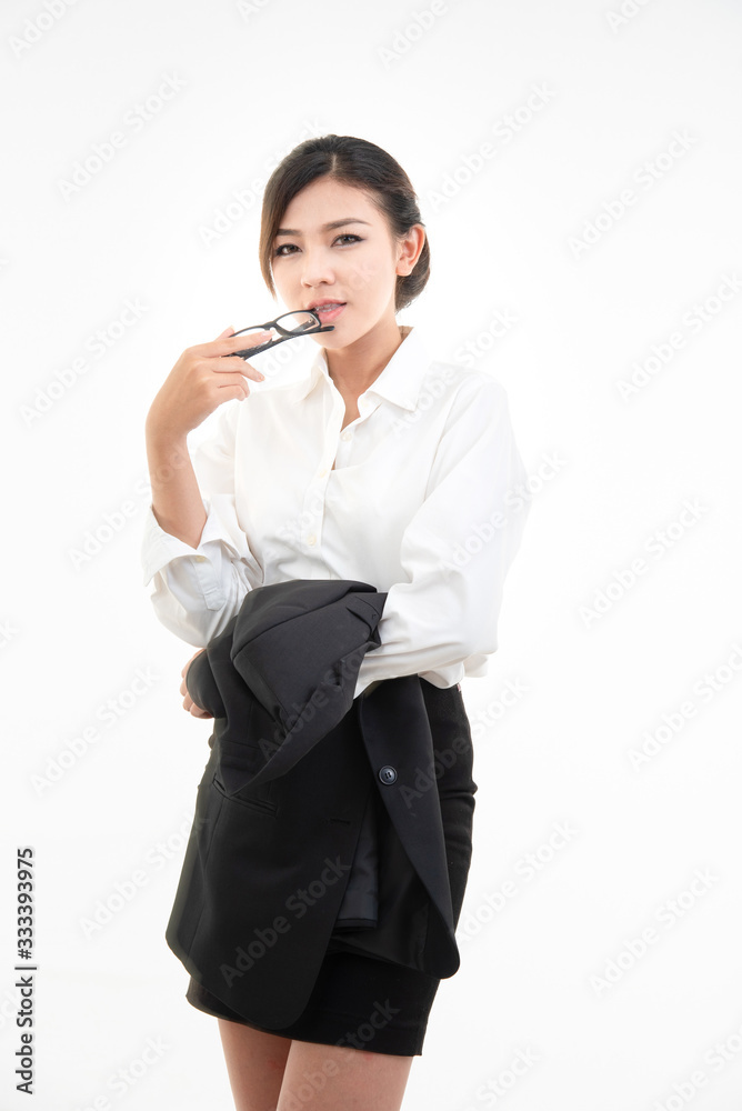 Beauty asain woman dress white shirt undress suit hand hold glasses isolate on white background. Beauty asain woman dress white shirt undress suit hand hold glasses isolate on white background.