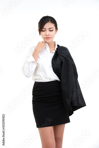 Beauty asain woman dress white shirt undress suit hand hold glasses isolate on white background.