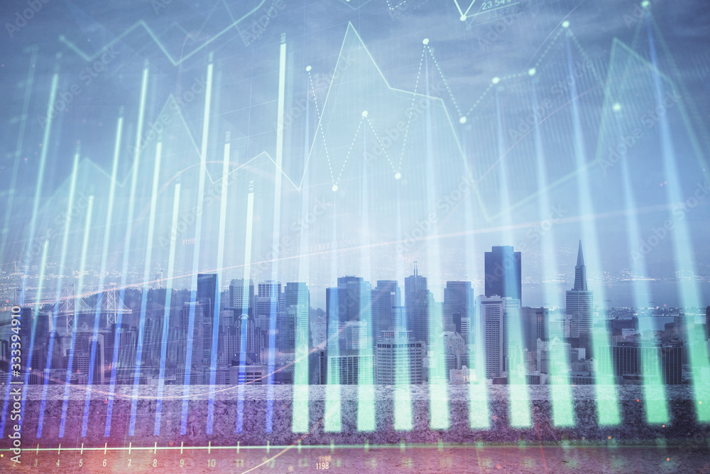 Forex graph on city view with skyscrapers background multi exposure. Financial analysis concept. Forex graph on city view with skyscrapers background multi exposure. Financial analysis concept.