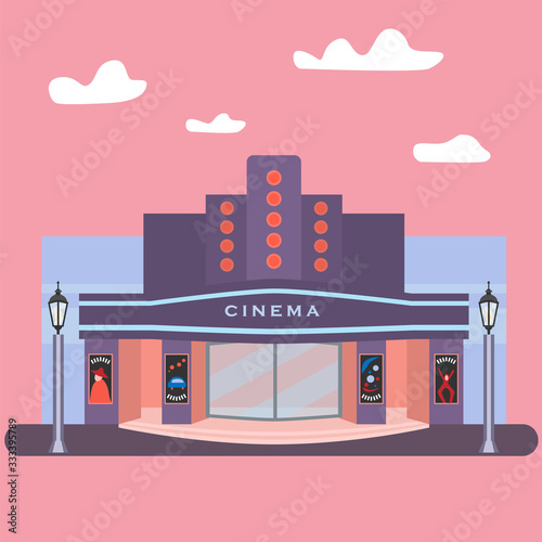 Fototapeta Naklejka Na Ścianę i Meble -  Cinema building for art movies or films. Structure for entertainment and modern construction for leisure. House with lights and posters. Great for relaxation and show, cityscape theme