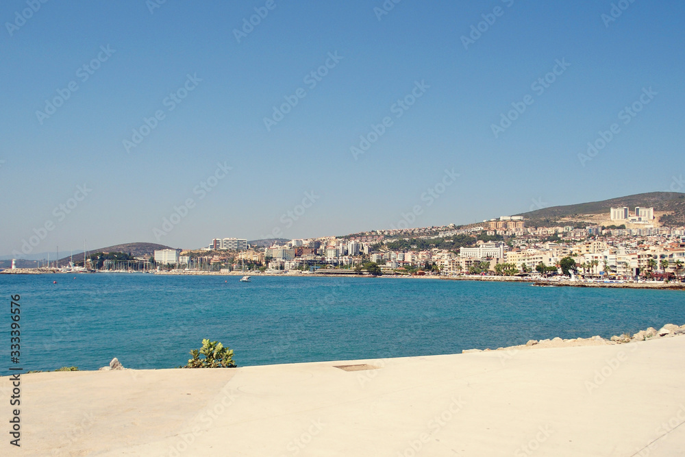 landscape of the port city of the Turkish Kusadasi on a warm summer day