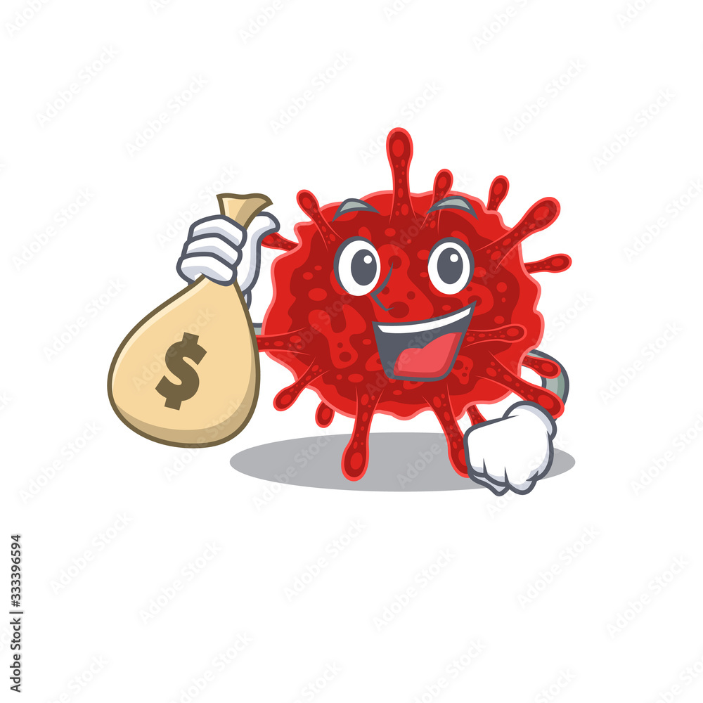 Smiley rich buldecovirus cartoon character bring money bags