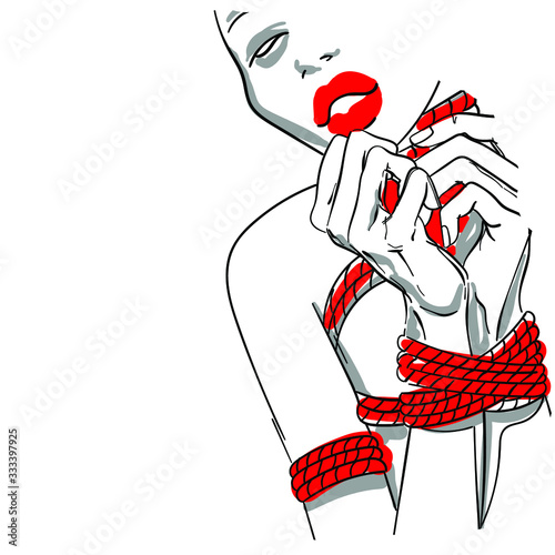 Female hands tied with clothesline. Shibari illustration.