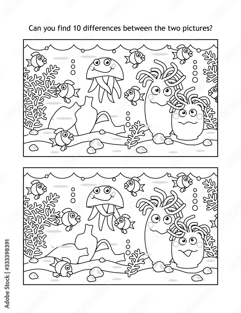 Find ten differences underwater visual puzzle and coloring page, sea life, black and white, suitable both for kids and adults