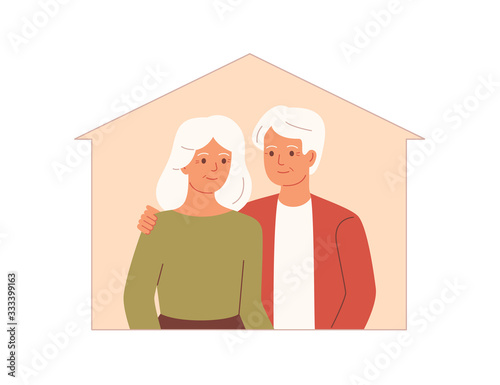 Happy elderly people embrace each other in their own house. Mature adult woman and man stay at home in quarantine.Preventive measures to prevent the spread of coronavirus. Vector illustration