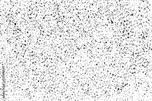 Grunge texture of a surface dotted with dots of different shapes, grit, and dirt. Abstract background, sloppy, uneven, chaotic. Vector illustration. Overlay template.