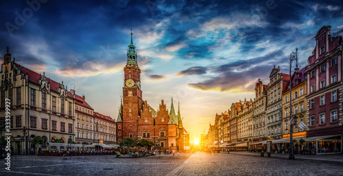 Wroclaw Market Square with Town Hall. Panoramic evening view, long exposure, timelapse. Historical capital of Silesia, Wroclaw (Breslau) , Poland, Europe.