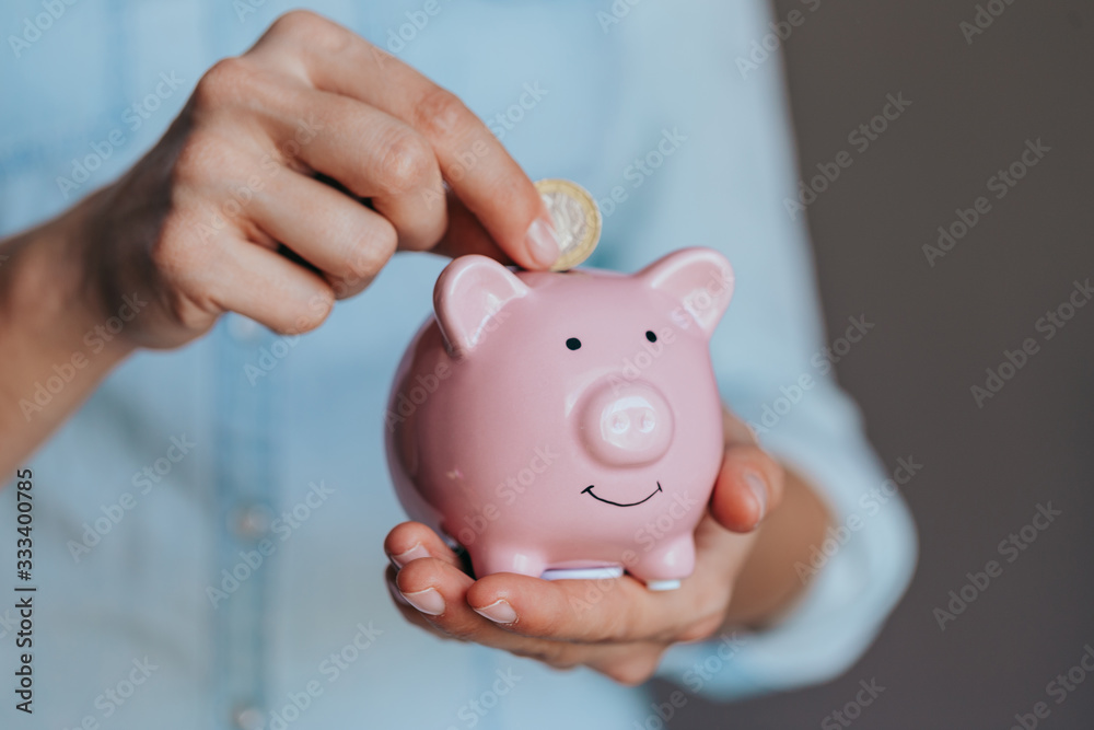 female hands hold a pink piggy bank and puts a coin there. The concept of saving money or savings, investment female hands hold a pink piggy bank and puts a coin there. The concept of saving money or savings, investment
