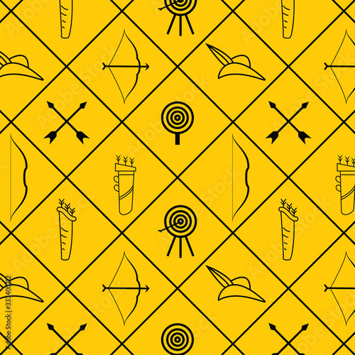 seamless pattern of archery equipments like bow and arrow, arrow, bow, quiver, cap and targets. beautiful designs. yellow background.