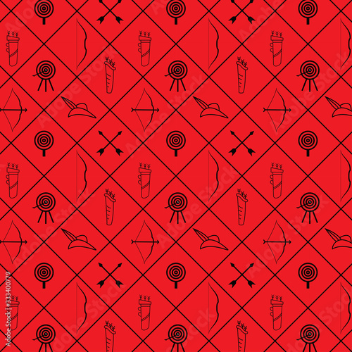 seamless pattern of archery equipments like bow and arrow, arrow, bow, quiver, cap and targets. beautiful designs. red background.