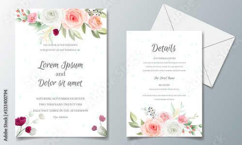 Beautiful wedding invitation card template set with colorful floral frame