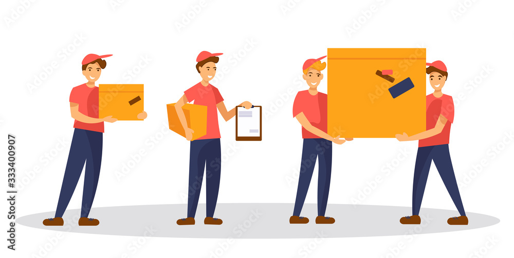 Set of delivery service workers characters in different poses. Couriers in red uniform isolated on white background. Set of delivery service workers characters in different poses. Couriers in red uniform isolated on white background.