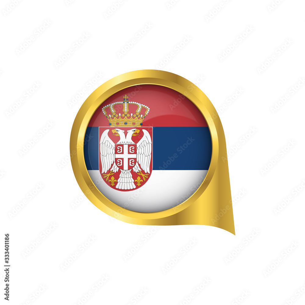 Obraz premium Flag of Serbia, location map pin, pointer flag Serbia, button gold, Icon country . Vector Illustration EPS10.