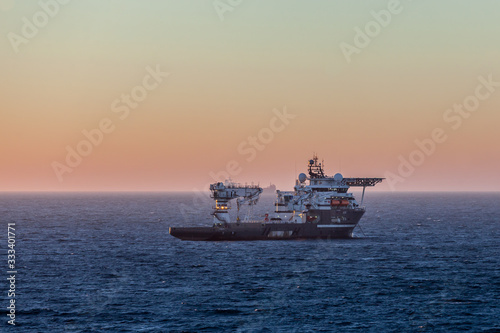 MONTROSE  SCOTLAND - 2015 NOVEMBER 01. Offshore Subsea Construction vessel Olympic Ares at sunrise.