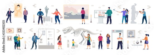 People Tourist Photographing at Art Gallery, Scientific, History Museum Set. Men Women Visiting Classic Artworks, Sculpture, Prehistoric, Ancient Exhibition. Cultural Tour Vector Illustration Bundle
