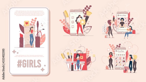 Beauty and Fashion Blogger, Cosmetology Course, Makeup Specialist Vertical Banner, Poster Constructor for Mobile Device. Women Blogger Recommending Products to Audience Trendy Flat Vector Illustration