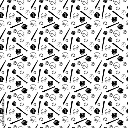 seamless baseball bat, ball, helmet and gloves icon pattern on white background. simple vector design.