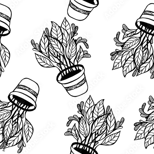 Seamless pattern houseplant in a flowerpot. Dense foliage.