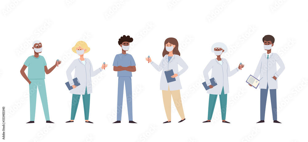 Doctors and nurses in protective face masks isolated on white. Doctors and nurses in protective face masks isolated on white.