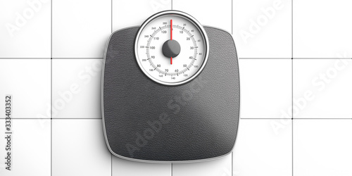 Cuadro en lienzo Weight scale analiog isolated on white tiles floor background, top view