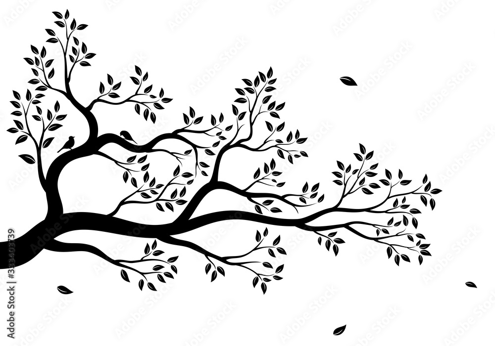Vector illustration of isolated, realistic tree branch with leaves and two birds, in black color, on white background. Wall sticker.