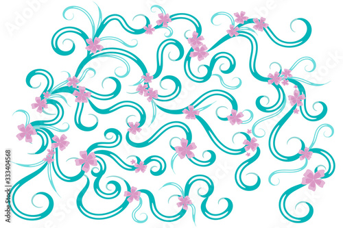 turquoise pattern with swirls with lilac flowers throughout the area