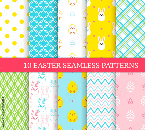 Ten different Easter seamless patterns. Endless texture for wallpaper, fill, web page background, texture. Colorful cute background with Easter bunnies, chicks, stripes, curved lines and ornate eggs.