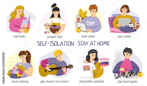Set of people self-isolated at home during quarantine. Concepts of cooking, reading, watching TV, working remotely, playing guitar, and playing chess. Symbols of local occupations. Vector illustration