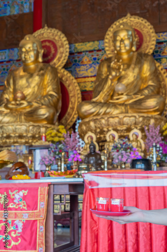 Buddha images and sacred objects Inside Leng Nei Yi 2 Temple is worshiped by Buddhists very much. Which is a Mahayana sect temple, located in Nonthaburi Thai
