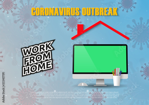 Work from home concept, social distancing company allow employee work at home to prevent virus infection in Covid-19 Outbreak. Vector illustration of monitor screen and workstation.