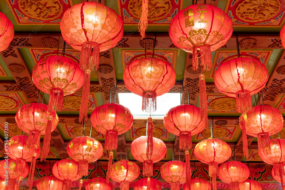 Beautiful red lanterns in Chinese style Inside Wat Leng Nei Yi 2 or Borommarajjanaphisek Memorial Is a Mahayana Buddhist temple located in Nonthaburi Thailand