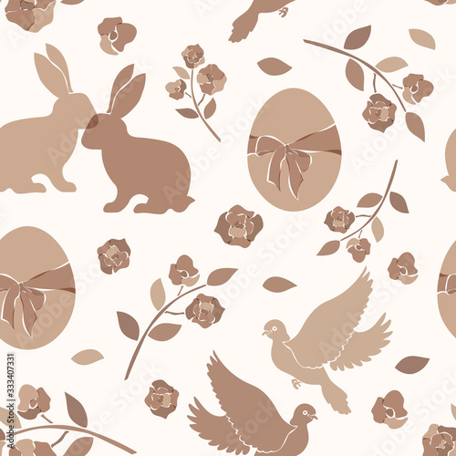 Happy Easter seamless pattern of eggs, rabbit, pigeon, flower icons in brown pastel colors.