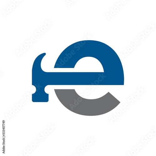 Letter E Hammer Logo Design Renovation and Construction Vector Graphic.