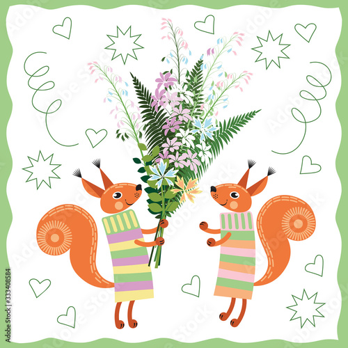 squirrels with a bouquet of summer flowers