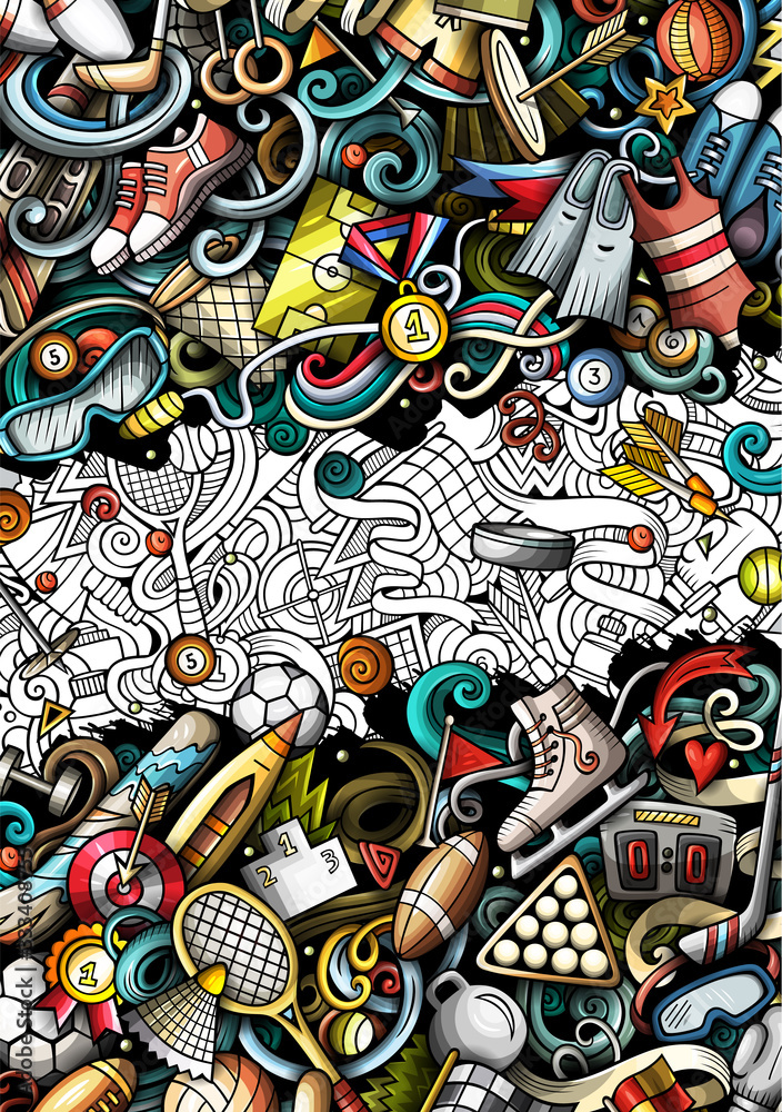 Obraz premium Sports hand drawn doodle banner. Cartoon detailed flyer.