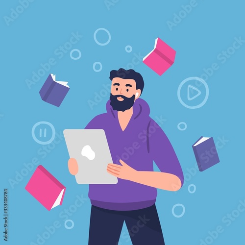 Male character with headphones. Vector illustration of a man listens to music, audiobook, podcast or language lessons.