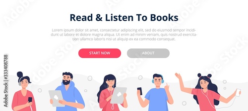 Banner with people who like listening to audiobooks, podcasts, and online courses. Vector illustration in a modern flat style.