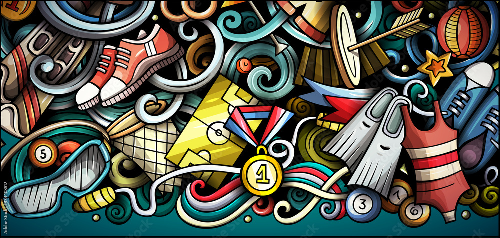 Fototapeta premium Sports hand drawn doodle banner. Cartoon detailed flyer.