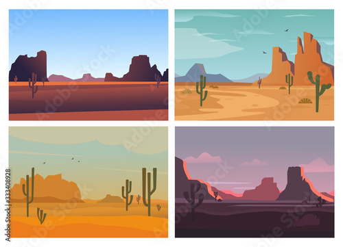 wild desert. arizona high stone rocks cactuses sandy landscape horizon mountains sunsets. vector cartoon backgrounds