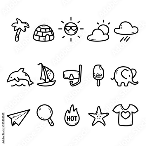 Black and white flat travel agency set for web design with stylized search, favorites and like icons. Isolated symbols of summer vacation on white background.  photo