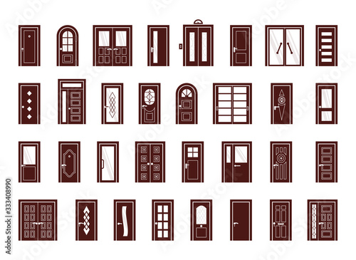 doors. interior and exterior objects doors for living room and different buildings entrance or exit gate vector symbols