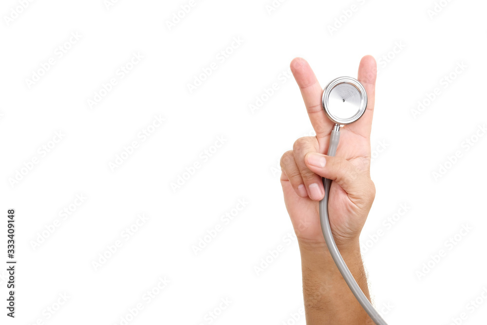 Fototapeta premium Doctor hands put V sign holding a stethoscope on white background. concept Healthy. Victory sign.